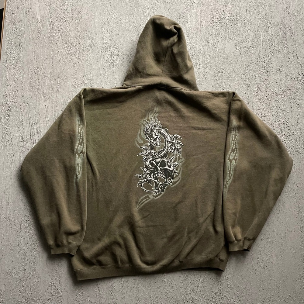Vintage Dragon Skull Graphic Hoodie Mens XL Brown 2000s Bullhead